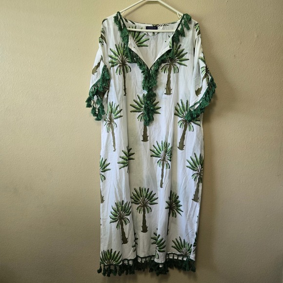 Katie Kime Dresses & Skirts - Katie Kime Cotton Silk Palm Tree Kaftan Coverup Green White Tassel Trim One Size
